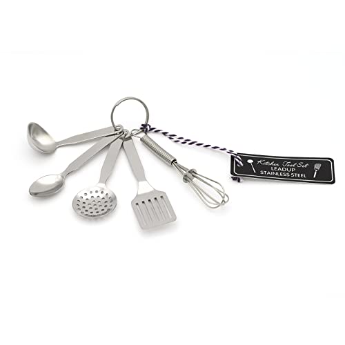 LEADUP Mini Stainless Steel Kitchen Tool Set with Keychain(3.5"),Set of 5,Includes Whisk, Spatula, Spoon, Skimmer,Soup ladle
