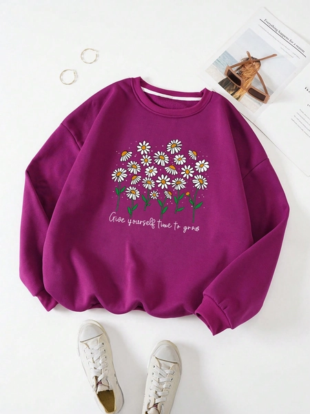 Plus Size Daisy And Slogan Printed Fleece-lined Sweatshirt