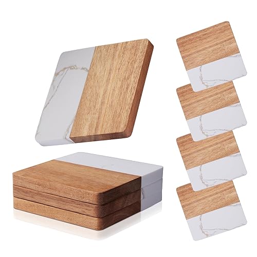 Square Coasters Set of 4 for Drinks,Marble-Wood Spliced Coaster for Tabletop Protection,Cup Holder Coasters for Multiple Cup Types,Coaster Set Gifts for Home Warmth - White-square