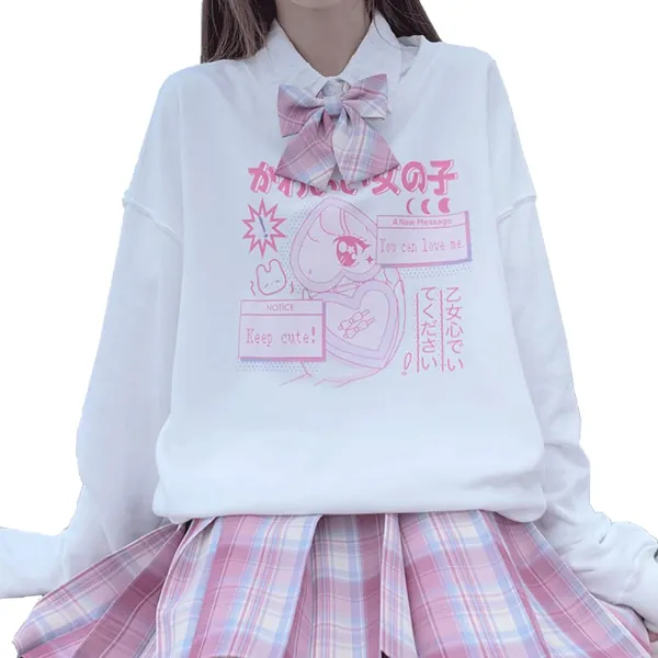 Kawaii Fashion Pastel Goth Soft Crewneck Long Sleeve Cute Cartoon Print Girl's Heart Sweatshirt - White X-Large
