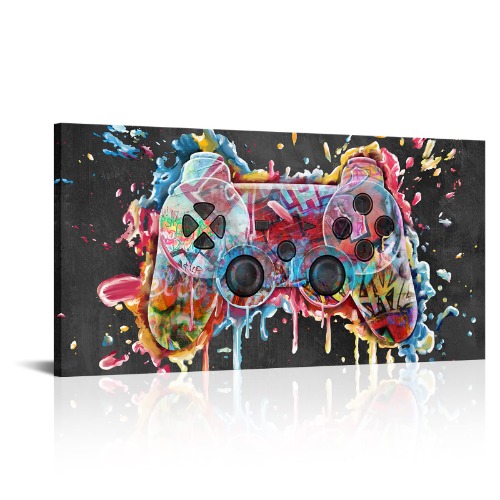 HOMEOART Game Room Decor Gaming Art Boys Game Room Wall Decor Gamepad Graffiti Painting Framed Canvas Print Gamer Play Room Decor Framed Ready to Hang (Charcoal Grey) - Charcoal Grey