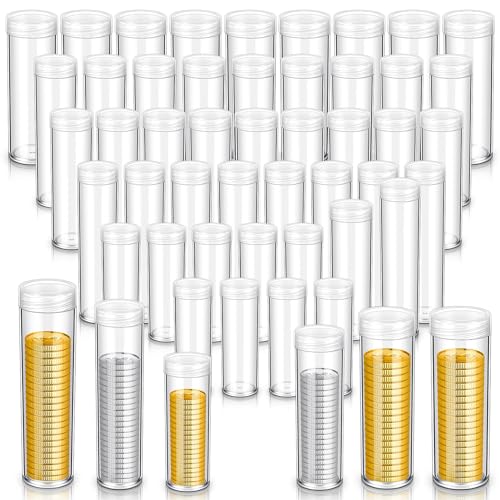 Yaomiao 60 Pcs Plastic Coin Tubes Assorted Sizes 20 Nickel Dime Coin Storage Tubes 20 Quarter Coin Storage Tubes 10 Half Dollar Coin Tubes 10 Dollar Round Coin Tubes with Lid Coin Collection Supplies - 60