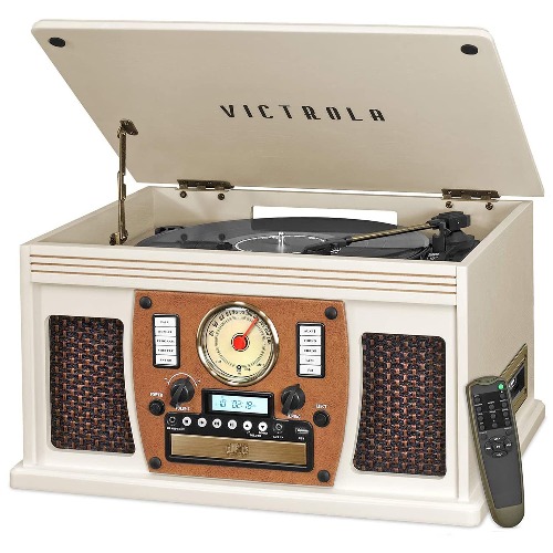Victrola 8-in-1 Bluetooth Record Player & Multimedia Center, Built-in Stereo Speakers - Turntable, Wireless Music Streaming, Real Wood | White - White Entertainment Center