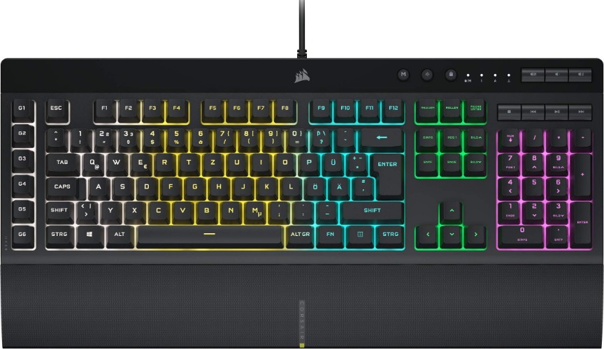 Corsair K55 RGB PRO Kabelgebundene Membran-Gaming-Tastatur (Dynamische RGB-Hintergrundbeleuchtung, 6 Makro-Tasten mit Elgato Software-Integration, IP42 Staub-und Spritzwasserschutz) QWERTZ, Schwarz - K55 RGB PRO Single