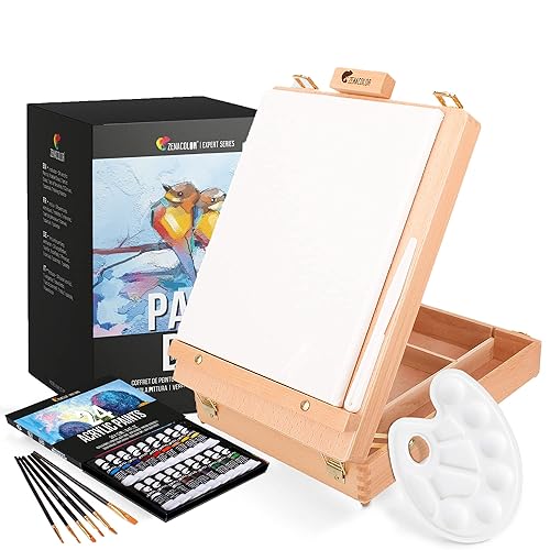 Acrylfarbe Set für Künstler 34-teilige - mit Malkoffer für Erwachsene aus Holz, Staffelei 24 Tuben Acrylfarben, 6 Malpinsel, Leinwand, Spachtelmesser und Mixpalette