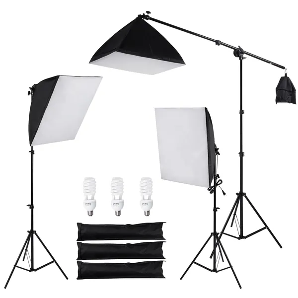 Large Photography Softbox Continuous Photo Lighting Kit  Boom Arm Hairlight with Sandbag  3x(24*24)Softbox Boom 3x7ft Studio Tripod 3x45wLight Bulb - GA02