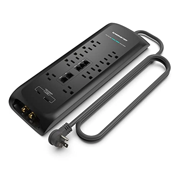 Monster Black Heavy Duty Surge Protector Power Strip 6 ft Cord with 10 120V-Outlet Extension, 2 Ethernet Switch Ports, 4050J Rating, 1 USB-A, and 1 USB-C Charging Ports – Ideal for Computers & Offices
