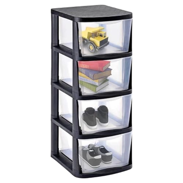 Juggernaut Storage Durable Clear Plastic 4 Drawer Home Organization Storage Container Tower with 4 Large Pull Out Drawers, Black Frame