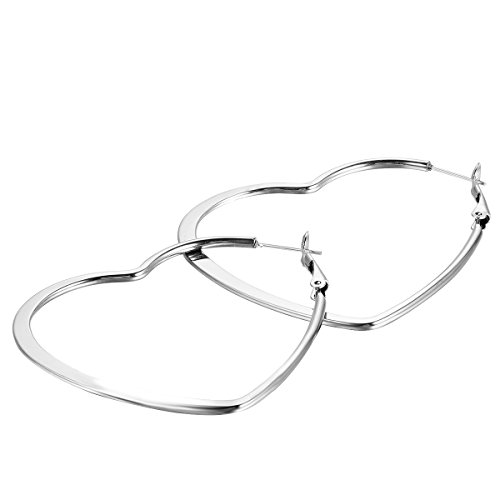 JewelryWe Women's Eearrings Silver Plated Stainless Steel Large Hoop Love Heart Earrings, 35/46/55 mm - 55mm