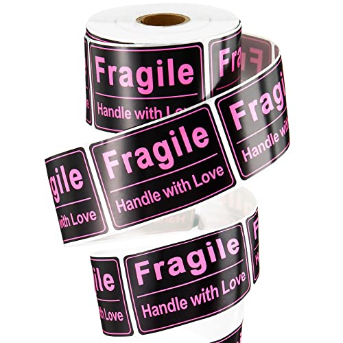 500 Pieces 2 x 3 Inch Black Pink Fragile Handle with Love Labels Stickers Self-Adhesive Stickers for Shipping Mailing Packing Envelope Present Jewelry Bag