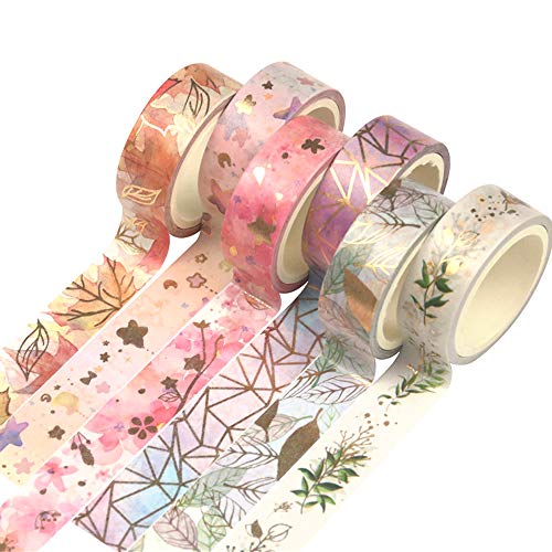 YUBBAEX Floral Gold Washi Tape Set VSCO Foil Masking Tape Decorative for Arts, DIY Crafts, Journal Supplies, Planners, Scrapbook, Card/Gift Wrapping -15mm- (Fromantic 6 Rolls) - Fromantic 6 Rolls