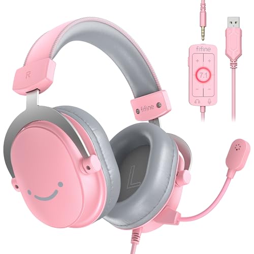 Fifine Gaming USB Headset with 3.5mm Audio Jack, Over-Ear 7.1 Surround Sound Headset with Microphone for PC Playstation Switch Xbox, Wired Headset with Passive Noise Cancelling-H9 Pink - Pink