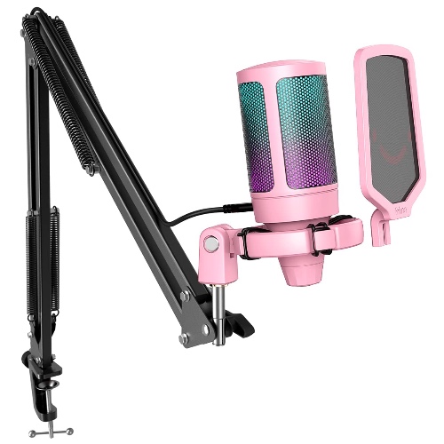 FIFINE Gaming USB Microphone Kit, PC Streaming Recording Computer RGB Microphone Set for Podcasting, Singing, YouTube, Condenser Cardioid Mic with Quick Mute, Gain Knob-A6T Pink - Pink