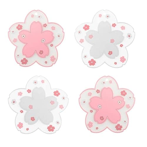 Sakura Coasters Set of 4 Kawaii Cup Mat Anti-Skid Pot Bowl Pad Placemats PVC Cherry Blossom Coaster for Drinks Coffee Table Cute Room Home Kitchen Decor Kawaii Desk Accessories(4.3in) - Small 4pcs