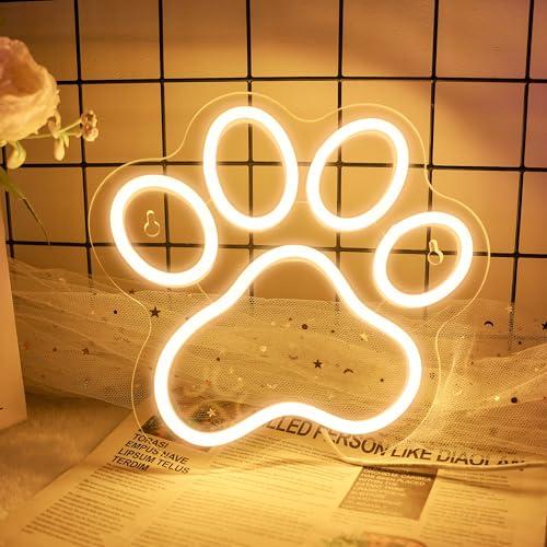 Aslanka Dog Paw Neon Sign, Dimmer Paw Print Neon Sign for Bedroom Wall Decor USB Powered Neon Light Wall Sign for Bedroom (Warm White) - Warm White