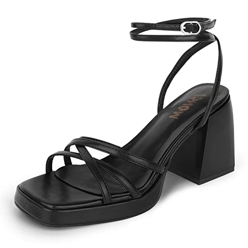 ISNOM Black Platform Heels for Women Heeled Sandals with Lace Up Strappy Ankle Strap Square Open Toe for Wedding Work Party Dress - 7 - Matteblack