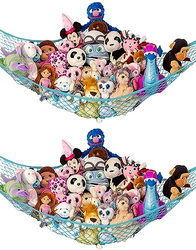 Lilly's Love Stuffed Animal Storage Hammock - Large 2 Pack, Corner Hanging Stuffed Animal Net Organizer - Stuffed Animals Toy Storage - Cute Stuff Plushie Holder - Room & Bedroom Decor (Light Blue) - Light Blue - Large