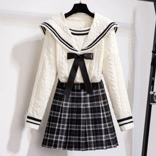 Sailor Collar Sweater Lattice Pleated Skirt Set