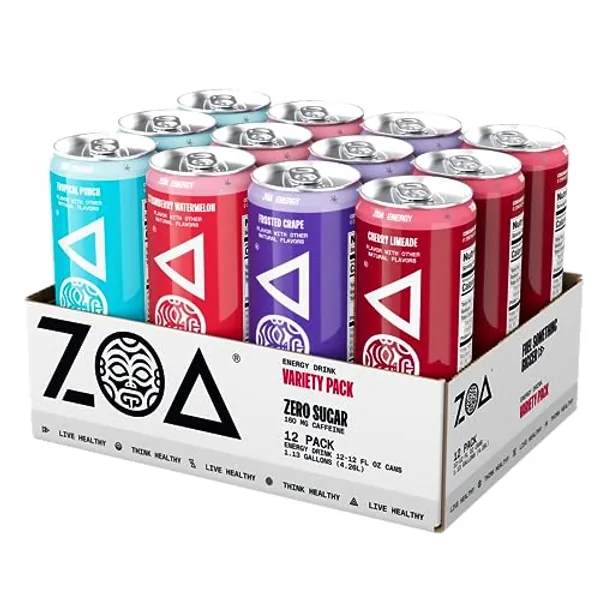 ZOA Zero Sugar Energy Drinks, Variety Pack - Sugar Free with Electrolytes, Healthy Vitamin C, Amino Acids, Essential B-Vitamins, and Caffeine from Green Tea - 12 Fl Oz (12-Pack)