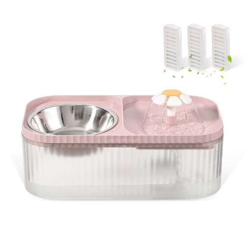 JEERAMIA Cat Water Fountain and Food Bowl, 3L/101oz Ultra Quiet Pet Water Dispenser with Smart Pump and 3 Replacement Filters, Automatic Flower Fountain & Stainless Steel Bowl for Dog & Cat (Pink) - Pink