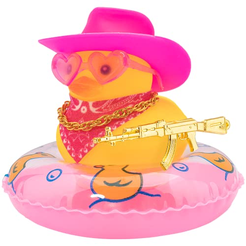 wonuu Car Rubber Duck Decoration, West Cowboy Duck Car Dashboard Decoration Accessories with Mini Swim Ring Cowboy Hat Scarf and Sunglasses(A_Pink&Pink hat) - A_pink&pink Hat
