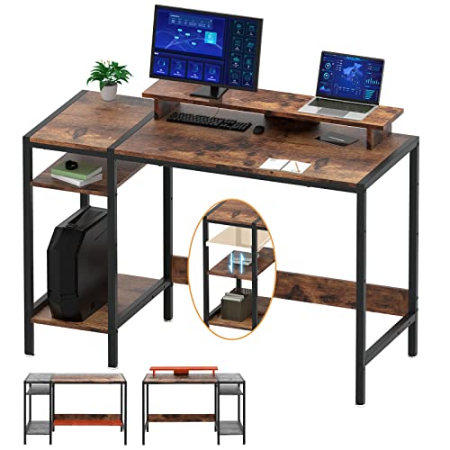 MINOSYS Gaming/Computer Desk - 47” Home Office Small Desk with Monitor Stand, Rustic Writing Desk for 2 Monitors, Adjustable Storage Space, Modern Design Corner Table. - Rustic - 47 inch