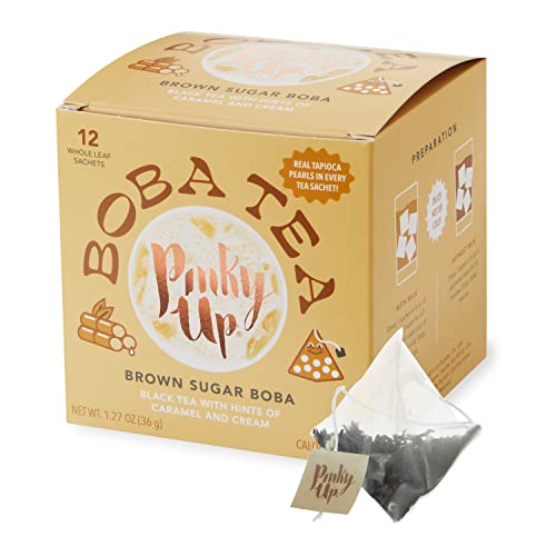 Pinky Up Brown Sugar Boba Tea Sachets - Calorie Free Whole Leaf Black Tea Bubble Tea - Boba Gift 12 Biodegradable Tea Bags - Brown Sugar