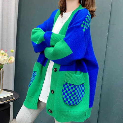 Colorblock Lattice Pocket Casual Cardigan Sweater