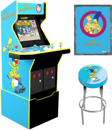 Arcade1Up The Simpsons Arcade Machine, 4-Foot — 4 Player Arcade Game Machine for Home, Live WiFi Enabled — Includes Custom Arcade Game Riser, Adjustable Stool, Light-Up Marquee, and Tin Wall Sign