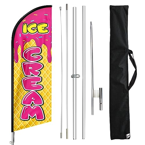 Ice Cream Feather Swooper Flag,Ice Cream Feather Flag with Flag Pole and Ground Stake, Advertising Feather Banner Sign for Ice Cream Business 11Ft