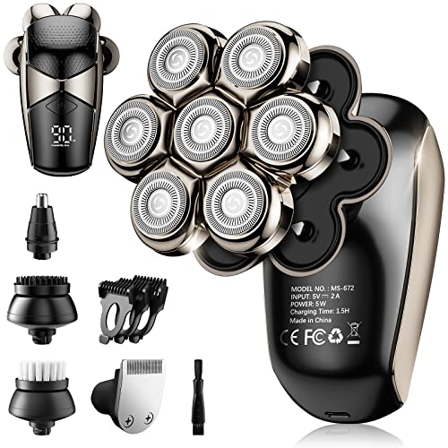 Detachable Head Shavers for Men, SHPAVVER 5-in-1 Electric Razor, IPX7 Waterproof Head Shaver for Bald Men, Wet /Dry LED Display Rechargeable 7D Rotary Shaver Grooming Kit with Type-C Charge - Black