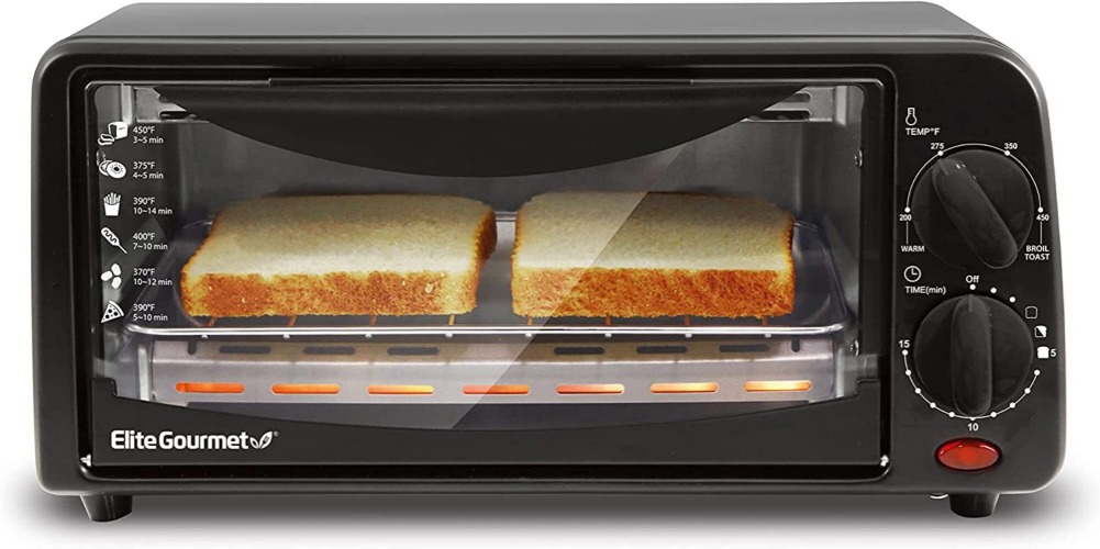 Elite Gourmet ETO236 Personal 2 Slice Countertop Toaster Oven with 15 Minute Timer Includes Pan and Wire Rack, Bake, Broil, Toast, Black - 2 Slice