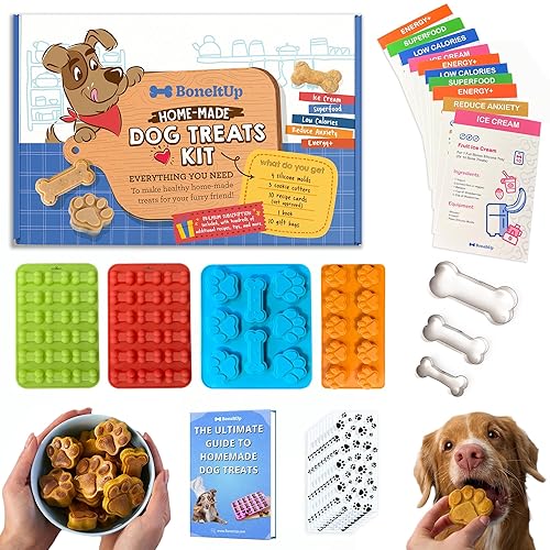 BoneItUp Homemade Dog Treats Set Silicone Molds Cookie Cutters with Healthy Vet Approved Recipes, Puppy Treats with Paws & Bones Food Grade Silicone Trays and for Candy and Dog Ice Cubs - Dog Treats Kit - Standard-size