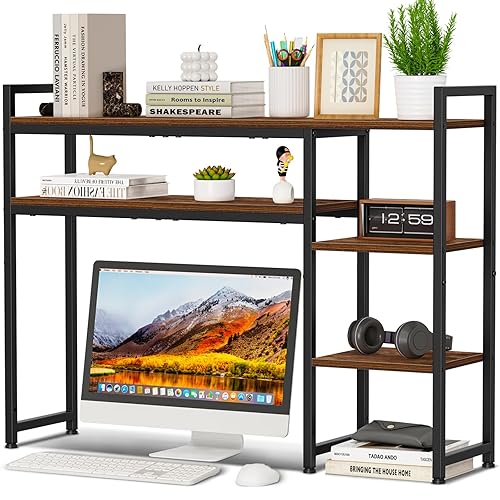 Snughome Desk Shelf, 38.6" Adjustable Desktop Organizer Shelf, Desk Hutch for Computer Monitor Stands, 4 Tier Desktop Display Rack, Wood Desktop Bookshelf Storage Rack for Home Office Dorm - Rustic Brown