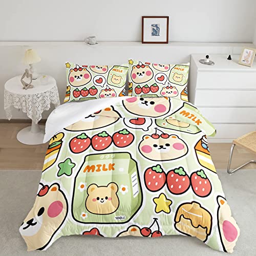 Datura home Kawaii Strawberry Bear Comforter Bedding Set for Kids Boys and Girls Teens,Cute Cartoon Fruit Print Light Green with 1 2 Pillowcases(Kawaii Queen), Queen 90x90inches - Kawaii - Queen 90x90inches