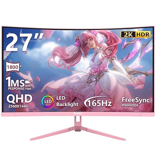 Sealan Pink 27 inch Curved Gaming Monitor 2K 165Hz, QHD 1440P,1800R LED Display,Pink Computer Monitor,1ms (MPRT),FreeSync,Eye-Care Technology, DP, HDMI Port for Gaming Home Office,VESA(75mm*75mm) - 27 inch - Pink-2k-165hz - pink