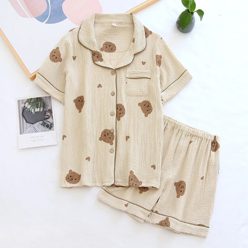 Summer Pure Cotton Cute Crepe Bear Pyjamas Sleepwear & Loungewear Set - female khaki / XL