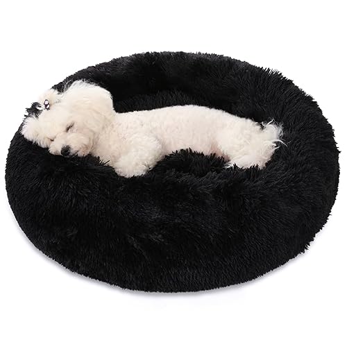 Kimpets Dog Bed Calming Dog Beds for Small Medium Large Dogs - Round Donut Washable Puppy Dog Bed, Anti-Slip Faux Fur Fluffy Donut Cuddle Anxiety Cat Pet Bed(20'' Black) - Black - 20.0"L x 20.0"W x 8.0"Th