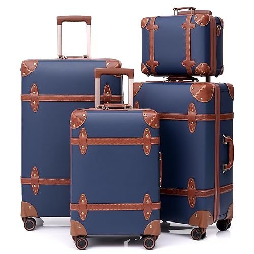 NZBZ Vintage Handmade Luggage Sets for Women 4 Pieces, PU Leather Retro Suitcase Set, Cute Vintage Trunk Luggage with TSA Lock (Navy Blue, 14"+20"+24"+28") - Navy Blue