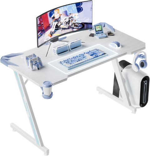 Shahoo PC Gaming Desk 44 Inch Z Shaped Carbon Fiber Surface Desktop Computer Table with Cup Holder & Headphone Hook, 44in, White & Blue - White & Blue
