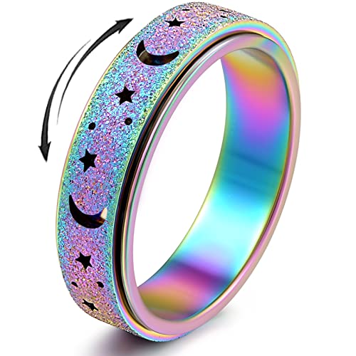 OreilleStar Anxiety Ring for Women Spinner Ring: Fidget Ring Anxiety Relief Items Spinner Rings for Anxiety Fidget Rings for Anxiety for Women Anti Anxiety Fidget Ring Men Teens (Moon Star-Rainbow, 9) - Moon Star-Black 10