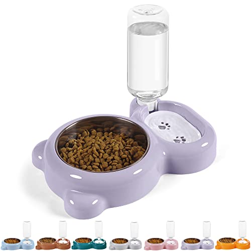 Azwraith Double Dog Cat Bowls, Pet Water and Food Bowl Set with Automatic Water Dispenser Bottle Detachable Stainless Steel Bowl for Small Dogs and Cats Kitten Puppy Rabbit Bunny - Purple - Purple
