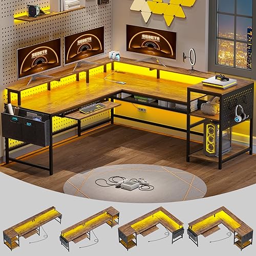 SEDETA L Shaped Computer Desk, Reversible Computer Desk, L Shaped Desk with Power Outlets & LED Strip, Monitor Shelf, Keyboard Tray, Pegboard and Storage Shelves for Home Office, Rustic Brown - Rustic Brown