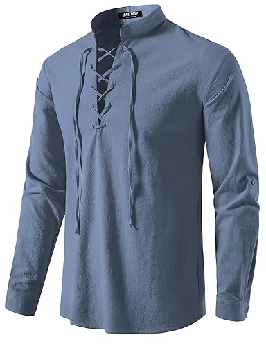 JEMITOP Men's Pure Cotton Retro Lace Up Shirts for Renaissance Pirate Viking Medieval - Indigo Blue - X-Large