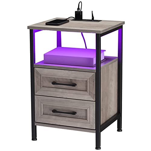 HOSEOKA Grey Nightstand with Charging Station and RGB Lights, Night Stand Rustic End Table with 2 Drawers with USB Ports and Outlets Bedside Tables for Living Room Bedroom Office