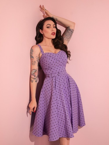 PRE-ORDER - Maneater Swing Dress in Sunset Purple Polka Dot - Vixen by Micheline Pitt | XL