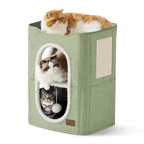Bedsure 2-Level Cat House for Indoor Cats - Small Cat Towers with Scratch Pad and Hideaway Condo, Cat Cave Bed Furniture for Multi Pets and Large Cats, 18x14x23 inches, Green - Double - Green