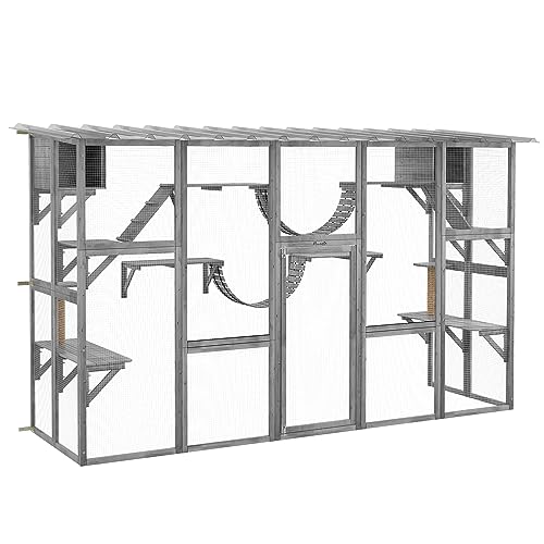 PawHut Catio Playground Cat Window Box Outside Enclosure, Outdoor Cat House with Weather Protection Roof for Multiple Kitties, Wooden Frame, Shelves & Bridges, 118" x 37.5" x 74", Gray - Gray