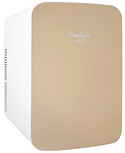 Cooluli 15L Mini Fridge for Bedroom - Car, Office Desk & College Dorm Room - 12v Portable Cooler & Warmer for Food, Drinks, Skincare, Beauty & Makeup - AC/DC Small Refrigerator with Glass Front, Gold