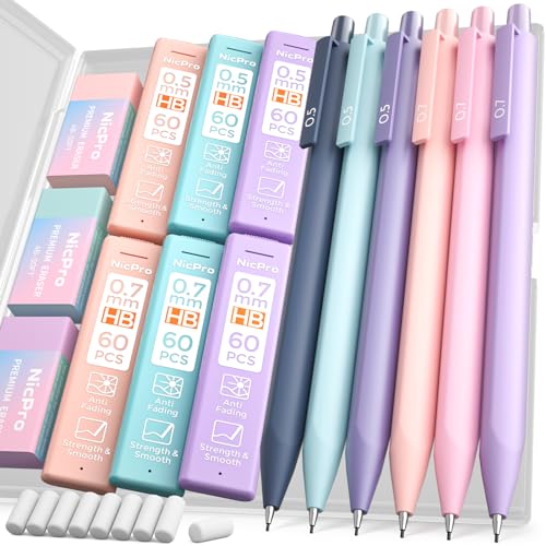 Nicpro 6PCS Pastel Mechanical Pencil Set, 0.5 & 0.7 mm with 6 Tubes HB Lead Refill, 3PCS Eraser and 9PCS Eraser Refill for Student Writing Drafing, Drawing, Sketching-with Cute Case - 0.5mm + 0.7mm